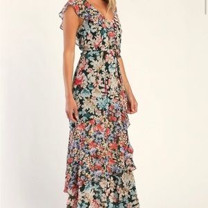 Lulu’s Radiant hunter green floral print chiffon maxi dress
